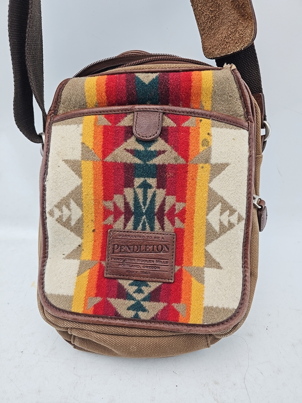 Pendleton Brown Canvas Messenger with Multicolor Geometric Panel - Picture 2 of 9